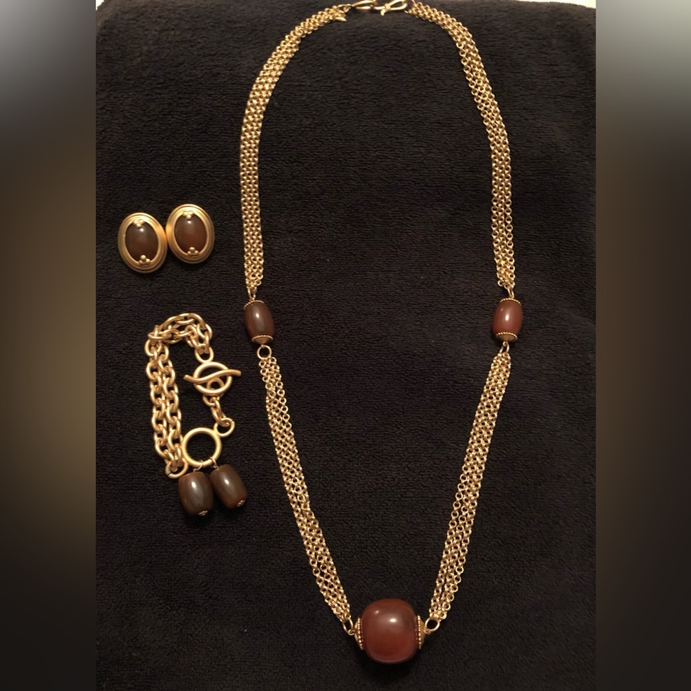 Vintage Liz Claiborne Multi-Strand Gold & Brown Necklace, Bracelet & Earrings